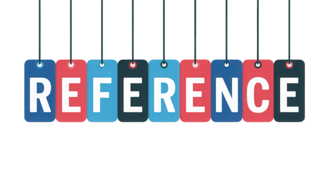 Colorful hanging tags spell out the word reference isolated on transparent background