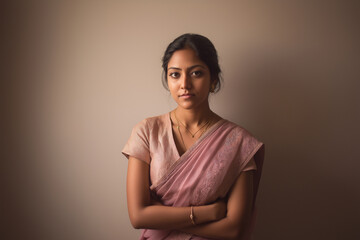 Obraz premium fair Indian woman standing in plain background | minimalist presence | diffused lighting | warm calm
