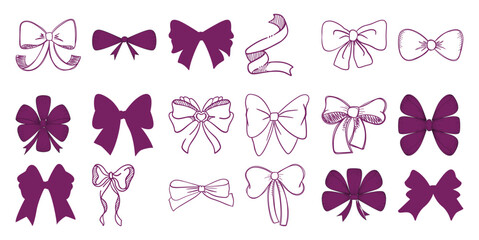 Collection of Hand-Drawn Purple Bows and Ribbons