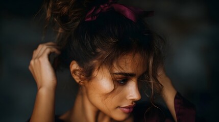 Close up profile of a young woman with a messy brown hair bun secured by a dark ribbon illuminated by soft atmospheric lighting