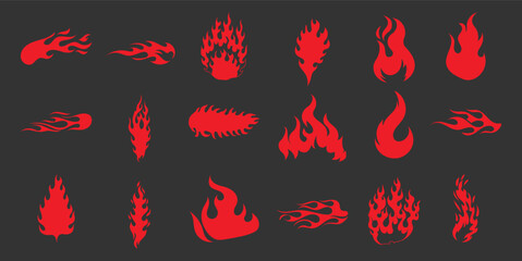 Collection of Red Flame Graphics and Fire Icons on Dark Background