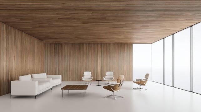 midcentury. A modern living room with mid-century furniture, featuring warm wood tones and open space. real-estate listings.