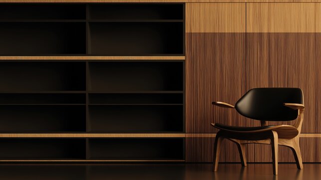 midcentury. A modern living room with mid-century furniture, featuring warm wood tones and open space. real-estate listings.