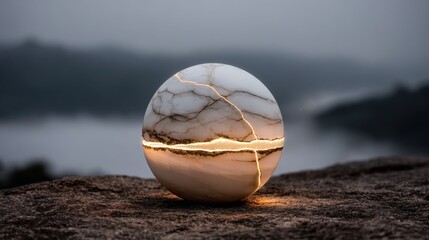 Marble Orb With Illuminated Cracks Glowing in Low Light