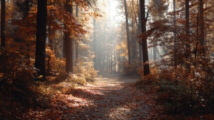 Fototapeta premium Sun rays shining through autumn forest trees on a peaceful path. Mystical morning fog in a serene natural woodland scene.