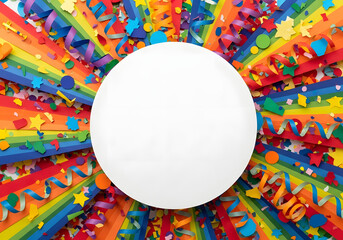 Vibrant Rainbow Paper Stripes Background with White Circular Blank Space Surrounded by Colorful Confetti Streamers