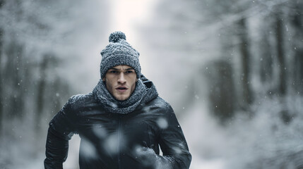 Athletic man jogging through a snowy forest trail in winter