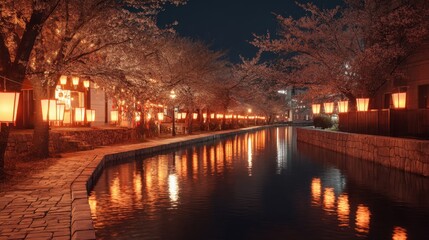 Obraz premium Traditional japanese paper lanterns on a paved stone pathway by a canal at night with reflection in water. Asian festival celebration.