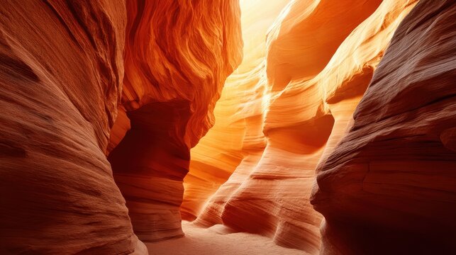Stunning view inside Antelope Canyon with swirling sandstone walls illuminated by beams of sunlight. Nature and travel concept. Geological wonder.