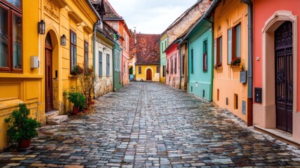 Historic cobblestone street with colorful old houses. European architecture and ancient town alley. Travel destination backdrop.