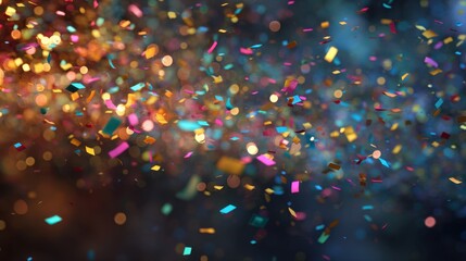 Bright colorful confetti and bokeh light falling on dark background. Celebration party or holiday concept for New Year or birthday.