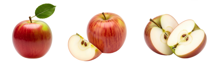 Northern Spy apple set PNG. Northern Spy delicious apples different views isolated. Red apple top view flat lay isolated. Northern Spy apple cut in half PNG