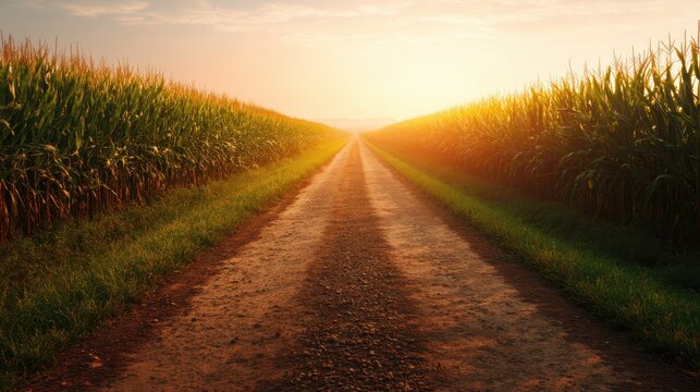 Dirt road through a corn field at sunset. Rural agricultural landscape. Farming and harvest concept for seasonal background. - Powered by Adobe