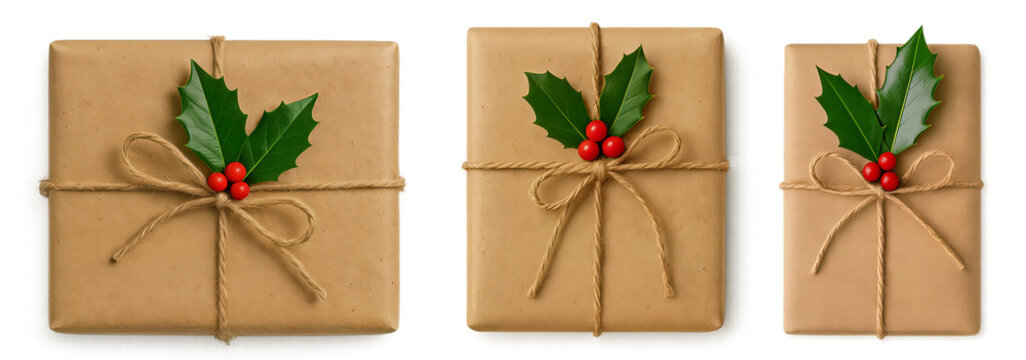 Eco style gift boxes wrapped in kraft paper with holly (Ilex) — natural Christmas and New Year packaging