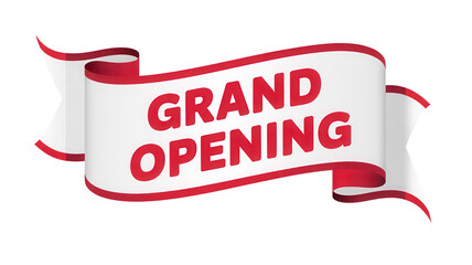 Festive red and white ribbon banner announcing a grand opening event isolated on transparent background
