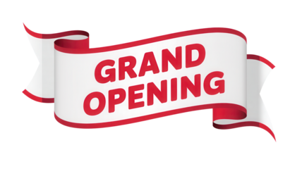 Festive red and white ribbon banner announcing a grand opening event isolated on transparent background