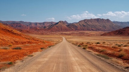 Long gravel road winding through a vast desert landscape with rugged red rock mountains under a clear blue sky. Travel and adventure concept.