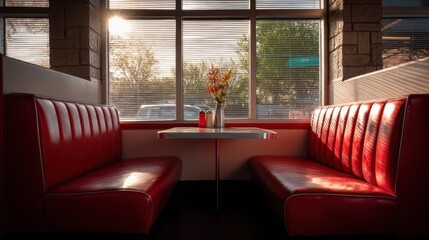 Empty diner booth with red seats and glowing sunlight from window. Retro restaurant interior, vintage eating place design.