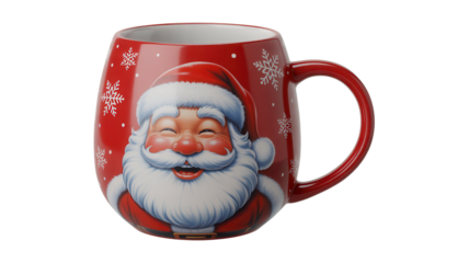 Festive red ceramic mug featuring a cheerful santa claus illustration isolated on transparent background