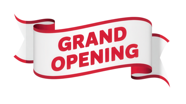 Festive red and white ribbon banner announcing a grand opening event isolated on transparent background