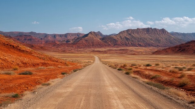 Long gravel road winding through a vast desert landscape with rugged red rock mountains under a clear blue sky. Travel and adventure concept.