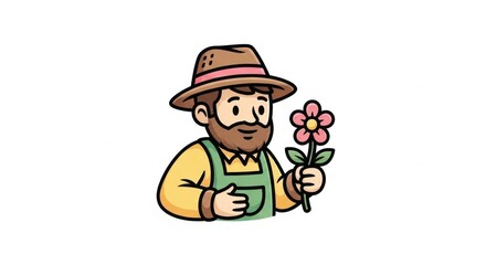 Naklejka premium Nature Organic Mascot Logo of a Whimsical Gardener Botanical Line Art