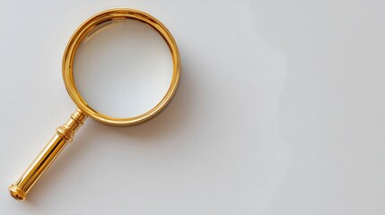 Magnifying glass with gold handle on a white background. Top view of a tool for search, investigation, and analysis with copy space.
