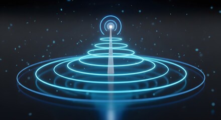 Fototapeta premium 3D render of a wireless communication tower transmitting blue neon signal waves against a dark, futuristic background concept