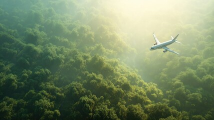 Fototapeta premium White passenger airplane flying above a dense green forest or jungle with bright sunlight shining through the mist. Global travel concept.