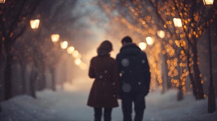 A couple walks down a snowy path lined with lights during a winter evening stroll together outside now wow