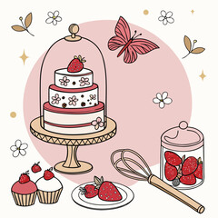 Delightful Strawberry Cake and Cupcakes, Whimsical Dessert Scene with Butterfly, Perfect for Baking Promotions and Sweet Treat Designs