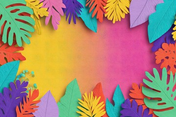 Colorful Paper Cutout Tropical Leaves Bordering A Gradient Background