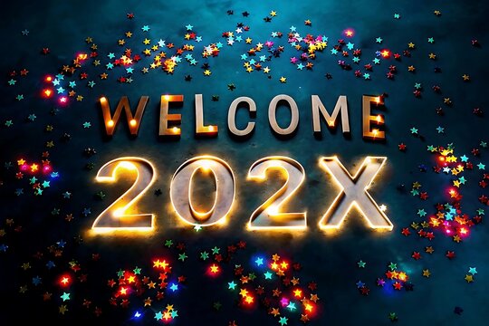 Welcome 202x illuminated text with glowing festive lights and scattered confetti on a dark background