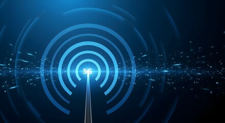 Abstract 5G network technology illustration showing radio waves radiating from an antenna, representing high speed and connection.