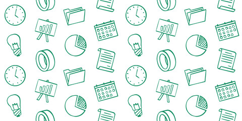 Seamless Business and Time Management Doodle Pattern. Outline Vector Illustration of Planning, Data, and Idea Icons: Clock, Calendar, Chart, and Light Bulb for Corporate and Finance Backgrounds