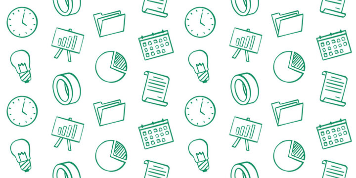 Seamless Business and Time Management Doodle Pattern. Outline Vector Illustration of Planning, Data, and Idea Icons: Clock, Calendar, Chart, and Light Bulb for Corporate and Finance Backgrounds