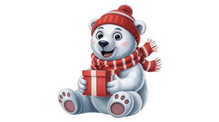 Cute cartoon polar bear wearing a red knitted hat and scarf holding a gift isolated on transparent background