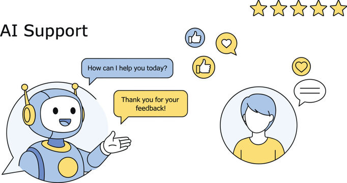 AI support robot helping user, cartoon customer service interaction, feedback icons, rating stars, digital communication vector illustration concept 