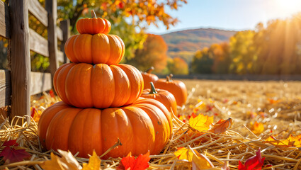Stacked Pumpkins on Hay with Autumn Foliage in a Sunny Rural Landscape