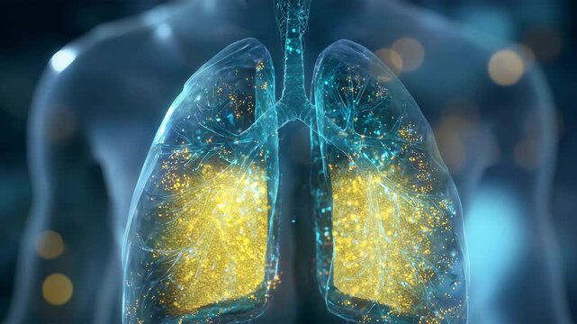 冷色トーンで示す肺の発光イラスト