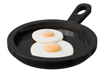 3d frying pan with two fried eggs icon. breakfast cooking concept. Minimal cartoon skillet pan sunny-side brunch for food app banner. isolated on white background. 3d render.
