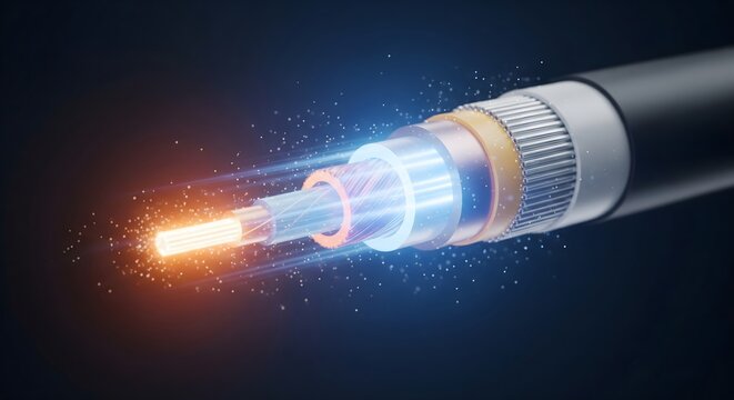 Close-up cross-section of a glowing high-speed fiber optic cable structure, illustrating data transmission and internet connectivity technology.