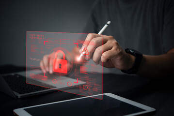 Man hand use virtual screen. Cybersecurity technology concept. Hacker attack alert warning icon. Red padlock data protection network security. Futuristic interface binary code internet system dark.