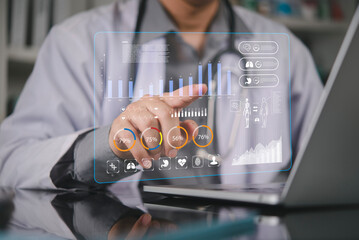 Doctor hand touch virtual interface analyze patient data. Medical healthcare technology innovation. Digital health record chart graph. Futuristic medicine diagnosis hospital concept. EHR system.