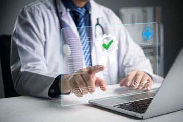 Doctor hand touch virtual screen medical certificate document. Approved checkmark . Healthcare technology. Digital health record, online insurance, quality assurance standard, futuristic medicine.