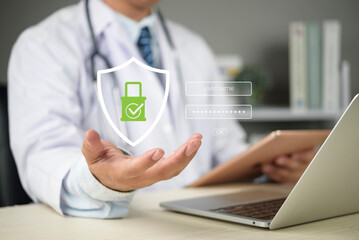 Doctor hand holding virtual shield icon. Medical data security, patient record privacy. Healthcare...