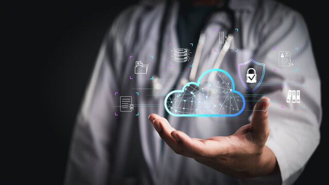 Doctor hand hold cloud computing hologram. Medical healthcare data security technology. Digital patient record storage. Secure network database privacy concept. EHR EMR system protection background.
