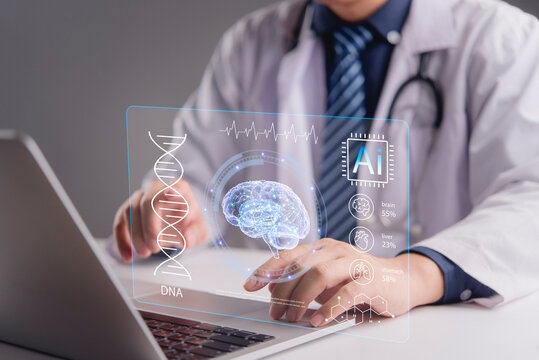 Medical doctor working laptop, Ai artificial intelligence for diagnosis. Virtual interface brain, DNA, organ data. Futuristic healthcare technology, neurology , genetic research, patient analysis.
