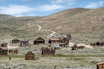 Panoramic View of Bodie Ghost Town and Winding Dirt Road
