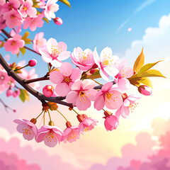 Close up of vibrant pink cherry blossom branch against a blue sky background